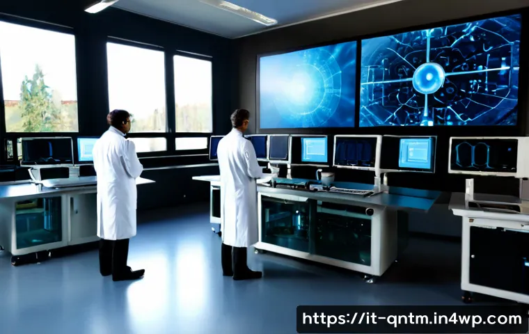 양자 컴퓨팅의 실용적 적용 사례 - Photorealistic quantum computing application in a modern Italian pharmaceutical research laboratory,...